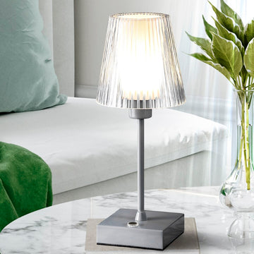 Oscar 12.5" Modern Industrial Rechargeable/Cordless Iron/Acrylic Integrated LED Table Lamp with Ribbed Shade
